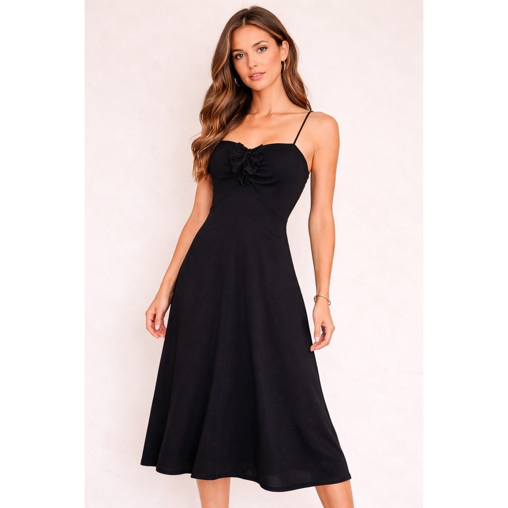 Maria Bianca Nero Cocktail Dress Womens S‎ Black Ruffle Lace Spaghetti Strap LBD